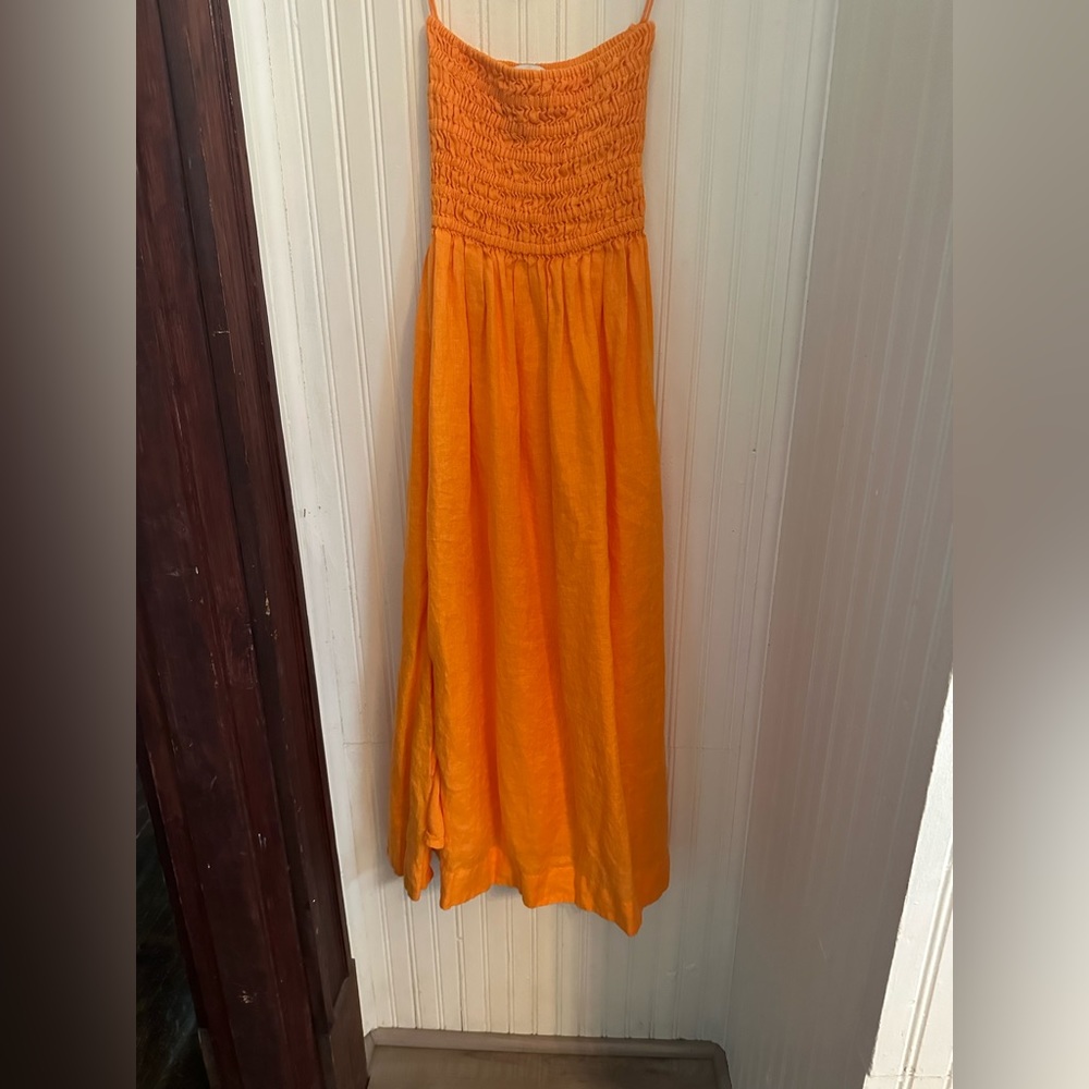 Faithfull the Brand Musee strapless smocked linen midi dress, orange, x small